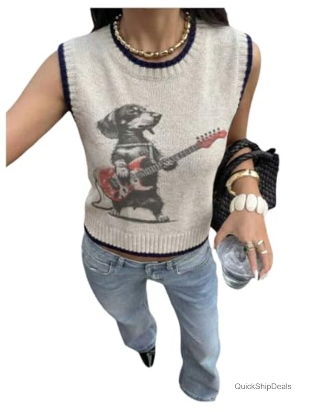 Womens Dachshund Guitar Graphic Sweater Vest Sleeveless Knit Tank Top